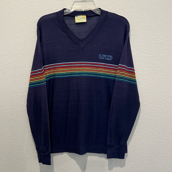 Vintage 70s Velva Sheen Sweater Navy Blue Rainbow UNO Very Lightweight V-Neck L - Picture 2 of 7